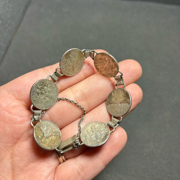 Sterling Silver 900 and 90 Percent Silver Dime 7 Inch Bracelet 19 Grams - Picture 3 of 8